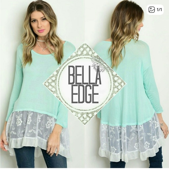 Mint Green and White Lace Long Sleeve Top - Picture 1 of 8